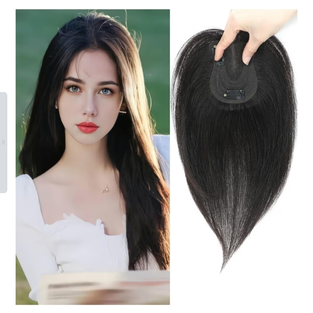 YAMI Human Hair Topper 10” Natural Black Straight Swiss Base Hairpiece Fluffy
